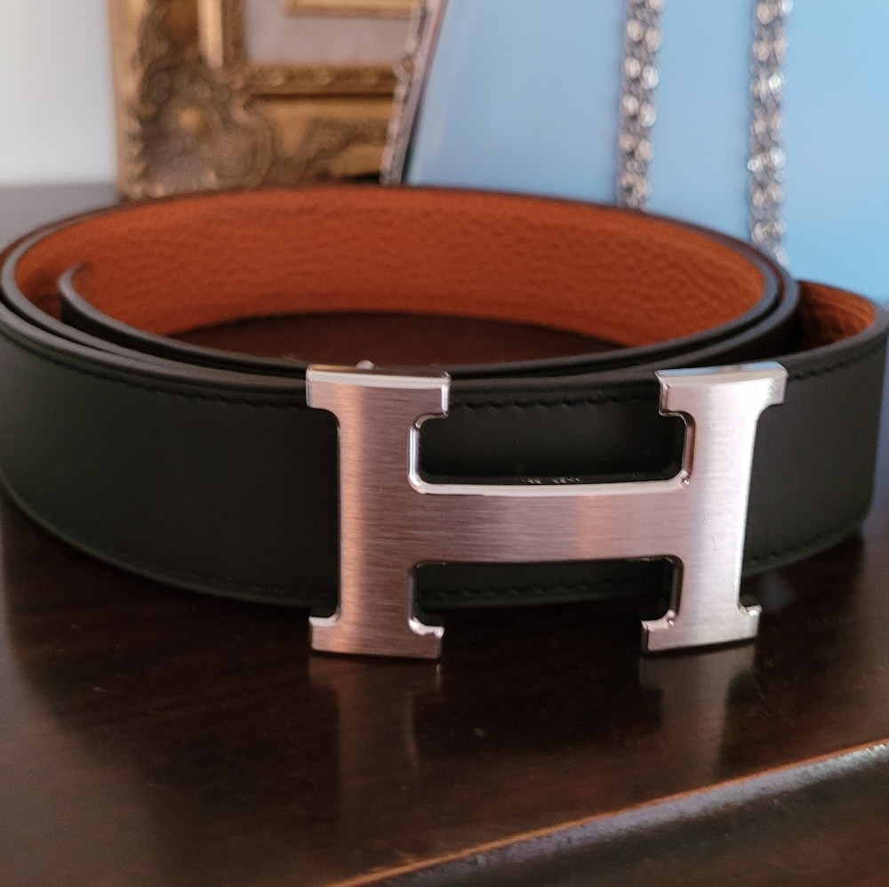 Hermes Black Belt Brushed Silver Buckle Size 95